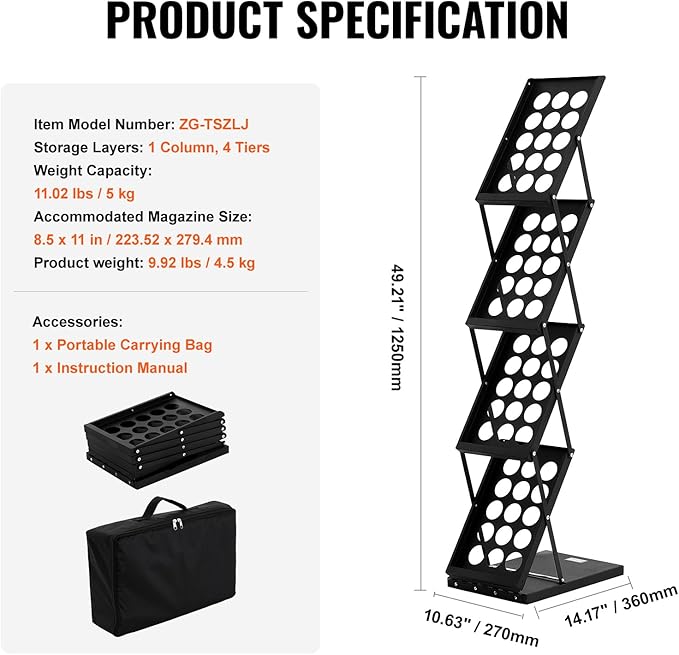 VEVOR Foldable Magazine Display Rack, 4-Tier Brochure Literature Display Stand, Portable Catalog Brochure Holder Stand with Carrying Bag for Office Trade Show Exhibitions, 4 Pockets
