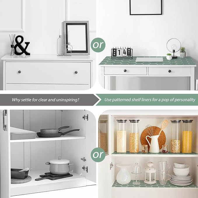 Glotoch Premium Non Slip Shelf Liner, 12” X 20 FT Drawer Liner Non Adhesive, Waterproof Shelf Liners for Kitchen Cabinets, Drawer, Fridge, Wire Shelving, Pantry, Bathroom-, Heavy Duty, Green Geometric