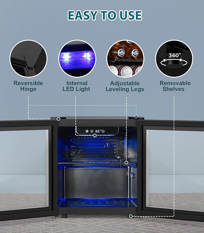 50 Cans Beverage Refrigerator Cooler, 1.3 Cu.ft Mini Fridge Countertop Drink Cooler with Glass Door for Beer, Soda,Wine, Adjustable Digital Temperature Control for Home Dorm Bar, Black