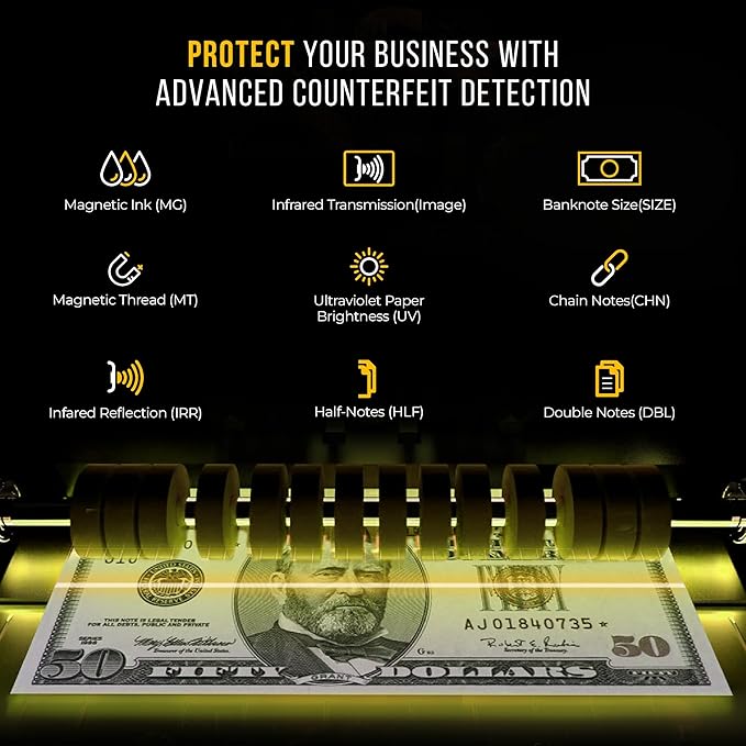 KOLIBRI Rook Money Counter with UV/MG/IR Counterfeit Detection – Count, Add & Batch Modes, 1,400 Notes per Minute Fast Bill Counter - US Dollar Cash Counter with Dual LED Display (1-Year USA Warranty)