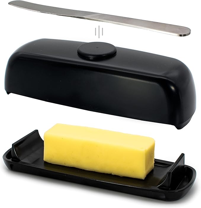 Butter Hub Butter Dish with Lid and Knife, Magnetic Butter Keeper, Easy Scoop, No Mess Lid, Plastic, Dishwasher Safe (Black)