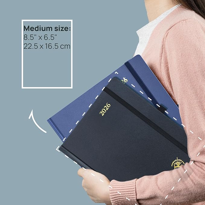 POPRUN 2026 Planner (Medium Size 8.5''x 6.5'' Hardcover) - Daily Weekly and Monthly Calendar Agenda 2026 Appointment Book with Hourly Time Slots, Monthly Tabs, 100 GSM - Haze Blue