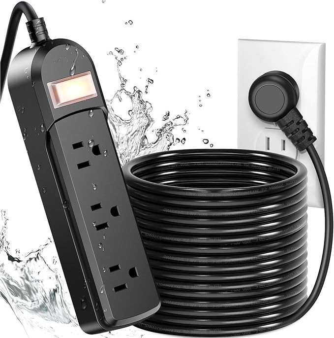 IPX6 Outdoor Power Strip Weatherproof, Waterproof Surge Protector with 3 Wide Outlet 25FT Long Extension Cord, Wall Mountable for Outside Decorations and More UL Listed(Black)