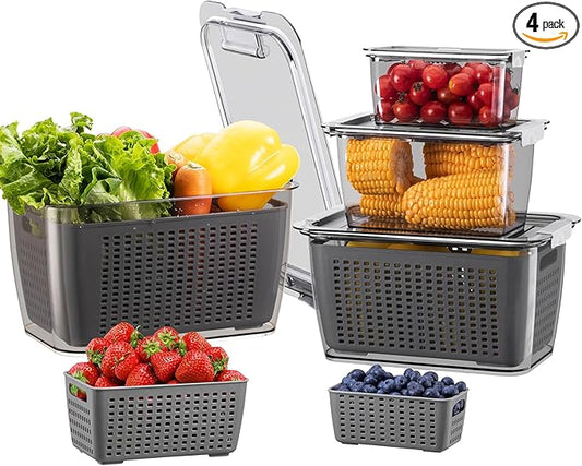 LUXEAR 4 Pack Fruit Containers for Fridge, Vegetable Storage Container with Lids &Removable Colander Produce Saver Organizer for Refrigerator Keep Fruit, Veggie, Berry, Meat Fresh Longer-Grey