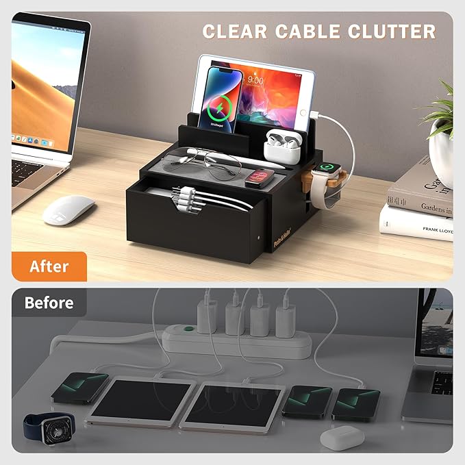 Pezin & Hulin Bamboo Charging Station for Multi Device with 5 USB Charger HUB, Phone Docking Station with Lined Tray & Drawer(Include 5 Charger Cables)-Black