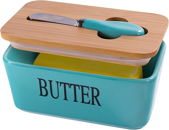 Large Butter Dish with Lid for Countertop, Ceramic Butter Stick Holder Container with Cover and Knife for Fridge