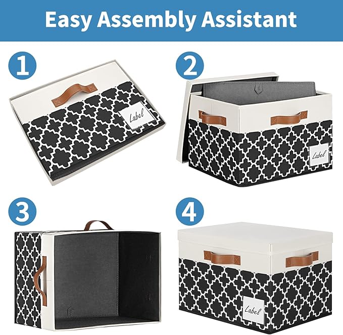 GhvyenntteS Extra Large Storage Bins with Lids, Foldable Fabric Storage Boxes with Lids and 3 Handles, Storage Baskets with Label Window (3 Pack, White&Lattice Black, 15.75x11.8x10.2)