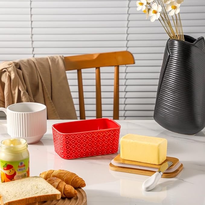 Hasense Ceramic Butter Dish with Lid, Large Butter Holder for Countertop Airtight Butter Stick Covered Keeper, Red Embossed Pattern Design,Holiday Gift