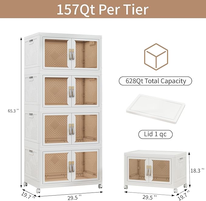Large Clear Stackable Storage Bins with Lids, Foldable Storage Cabinet for Closet Organizers and Storage, Plastic Storage Box with Wheels 942 QT
