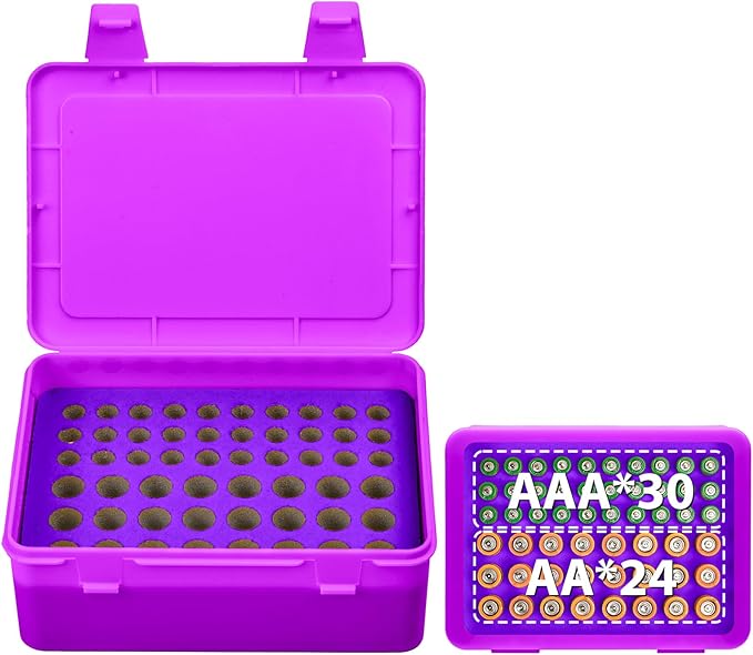 Battery Organizer Storage Box, Garage Case Holder for 24* AA, 30* AAA Batteries (Bag Not Include Batteries Pack) (purple)