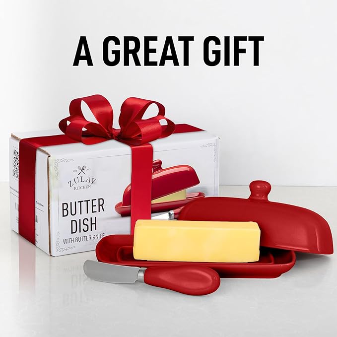 Zulay Kitchen Butter Dish With Lid For Countertop - Porcelain White, Ceramic Butter Dish with Knob Handle Great for Cooking - Elegant Design Butter Holder - Durable & Sturdy Butter Keeper - Red