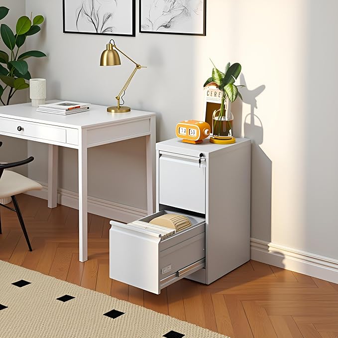 2 Drawer File Cabinet with Lock, Vertical Metal Filing Cabinet Under Desk Storage Cabinet, Legal Letter File Cabinets for Home Office, Easy Assemble (White)