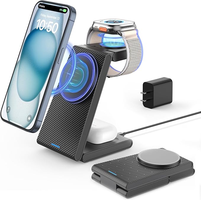 3 in 1 Wireless Charging Station, Foldable Magnetic Wireless Charger Stand for Multiple Devices, Wireless Charger for iPhone 16/15/14/13/12, Apple Watch 9/8/7/6/SE/5/4/3/2, AirPods 3/2/Pro
