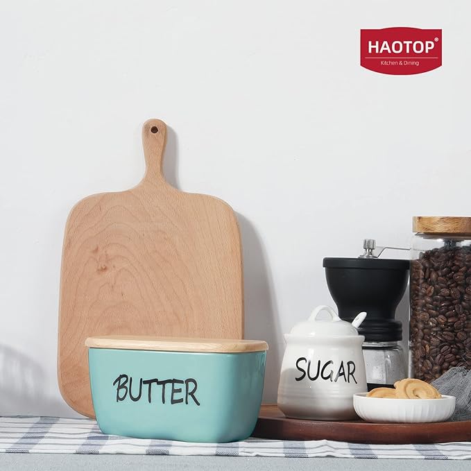 HAOTOP Large Porcelain Butter Dish with Lid Perfect for 4 Sticks of Butter (Turquoise)