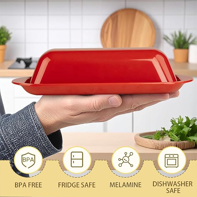 Butter Dish with Lid and Knife, Durable Countertop & Fridge Butter Keeper, BPA-Free Melamine Butter Container, Dishwasher Safe, Fits East/West Coast Butter Sticks (Red)