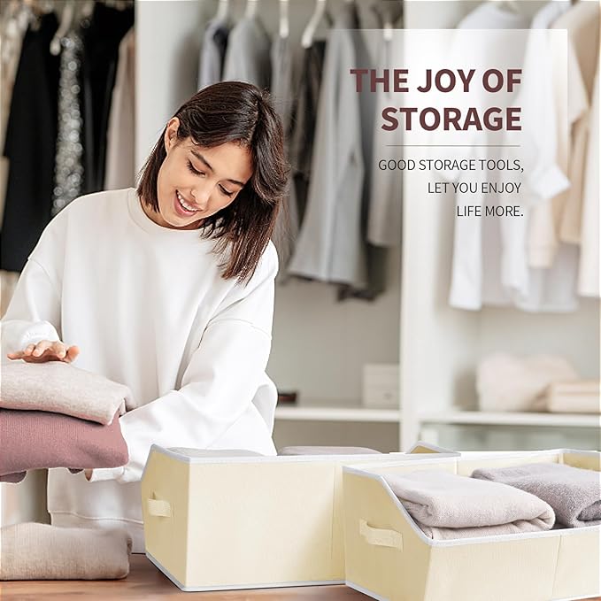 Trapezoid Closet Shelf Organizer - Large Baskets for Organizing, Fabric Storage Box for Shelves, Cube Storage Bins for Clothes, Books, Blankets, 3 Pack, Beige