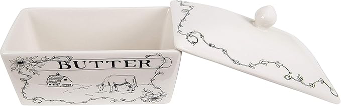 Creative Co-Op Country Stoneware Butter Dish with Lid, "Spread the Love" Message, and Farm Line Drawing, White and Black, Food, Microwave, and Dishwasher Safe