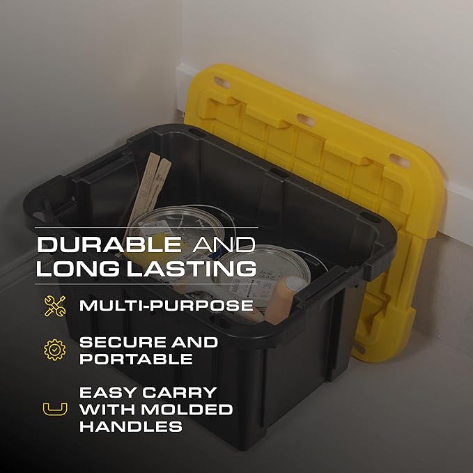 CX BLACK & YELLOW, 12-Gallon Heavy Duty Tough Storage Container & Snap-Tight Lid, (12.51H x 16.3W x 21.8D), Weather-Resistant Design and Stackable Organization Tote [6 Pack]