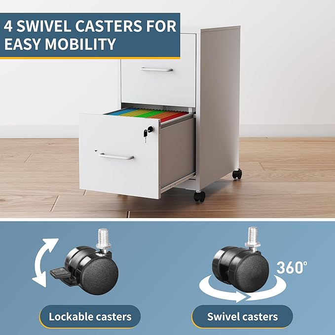 2 Drawer File Cabinet on Wheels, Mobile Filing Cabinets with Lock, Metal Storage Cabinet, Vertical Filing Cabinets for Home Office, Rolling File Cabinet for Under Desk, Amssebly Required,White