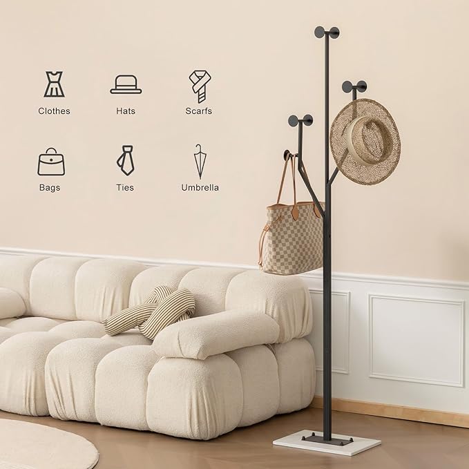 Heavy Duty Coat Rack Tree-shaped Metal Freestanding Coat Tree with Sturdy Marble Base Corner Coat Rack for Bedroom Entryway Hallway 14.96 x 10.24 x 68.9 Inches (Black)
