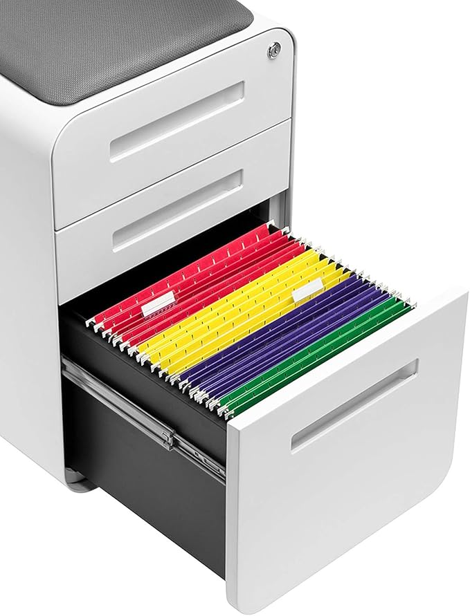 Laura Davidson Furniture STOCKPILE Curve Seated 3-Drawer Mobile File Cabinet with Removable Magnetic Cushion Seat - Metal Filing Cabinet, Pre-Assembled, White with Dark Grey Cushion