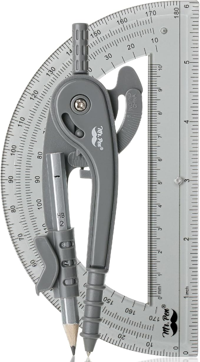 Mr. Pen- Compass and Protractor Set, Shuttle Grey, Compass Geometry Tool, Protractor and Compass Set, Compass Drawing Tool, Drawing Compass, Geometry Compass, Back to School Supplies