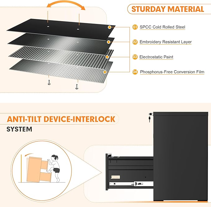 INTERGREAT 2 Drawers File Cabinet with Lock, 18" D Metal Black Vertical Filing Cabinet for Hanging Folders, Easy Assemble