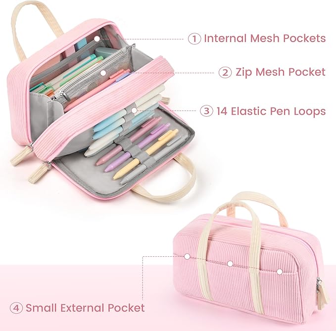 Sooez Large Pencil Case Pouch, Extra Big Pencil Bag with 5 Compartments, Pen Case Wide Opening, Soft Corduroy Pen Bag Organizer with Zipper, Cute Aesthetic School Supplies for Teen Girls, Pink
