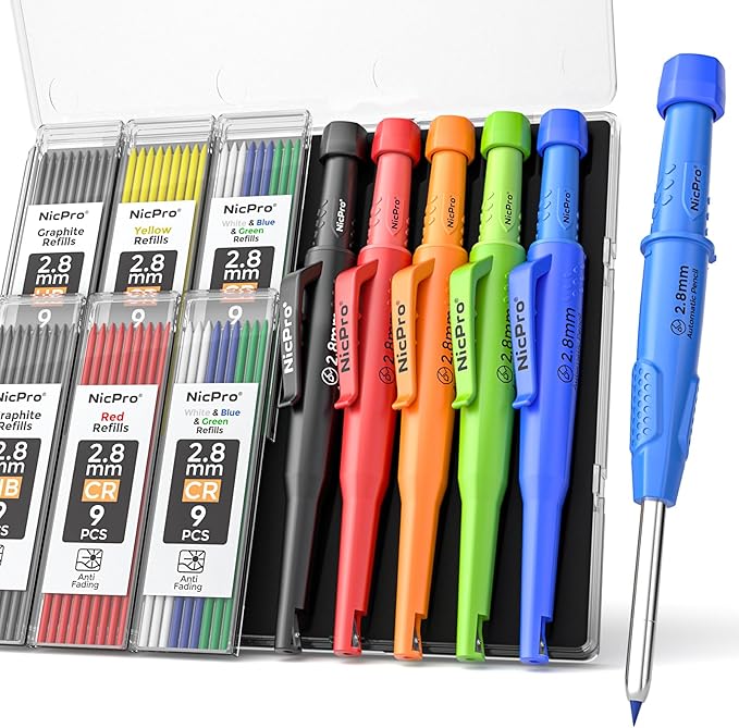 Nicpro 5 Pack CP3000 Carpenter Pencil with Sharpener, Mechanical Pencils Set with 59 Refills, Heavy Duty Construction Pencil, Carpenter Tools for Architect Marking (Red, Black, Orange, Green, Blue)