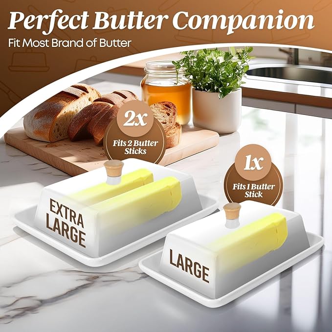 Flexzion Ceramic White European Butter Dish with Lid for Countertop (Large) - Wide 2 Stick Double Butter Holder for Counter, Cream Cheese Container Storage Keeper