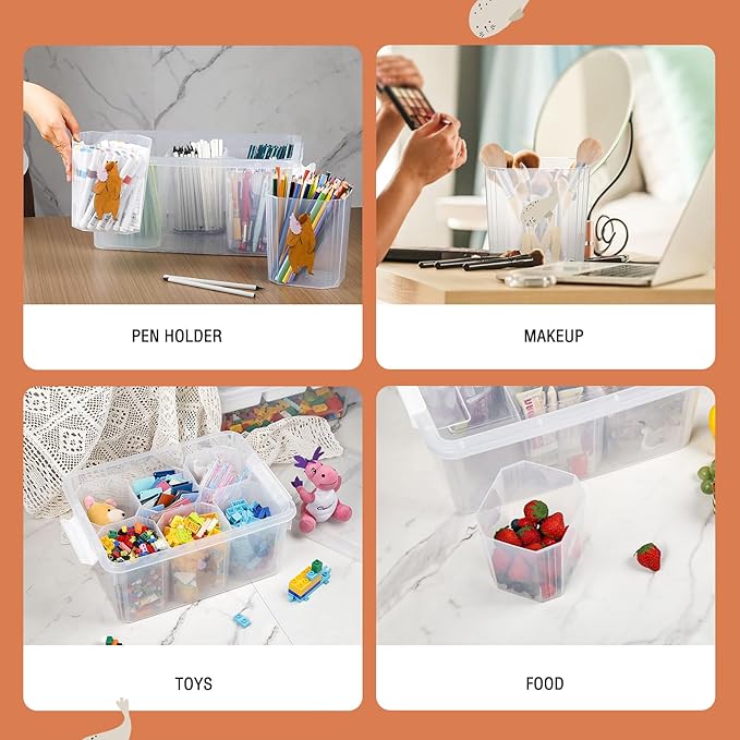 loobuu 17QT Plastic Storage Bins with Lids - 1 Pack Art Craft Supply Organizer Box with Brush Pot for Kids, Stackable Clear Pen Container for Toy/Sewing/Comestic/Tool/Playdoh (1 Pack)