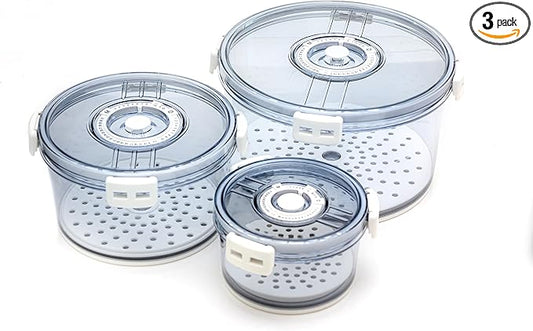Lettuce Keeper for Refrigerator with Lids Lettuce Crisper 3-Piece Set Date Chronograph Airtight BPA-Free Removable Drain Tray and Air Vents