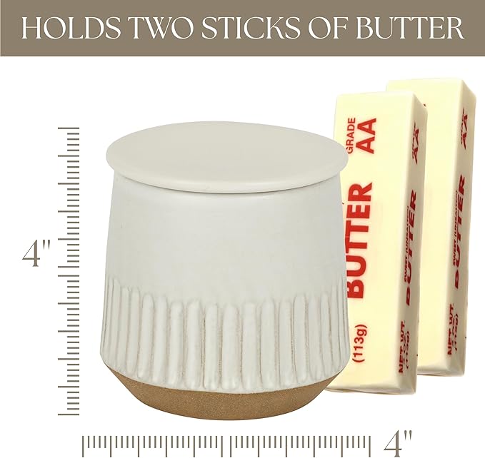 French Butter Crock Gift Set –Housewarming Gift, Gift for Foodie, Holiday Gift, Corporate Gift, Gift for Kitchen |Ceramic Butter Keeper Gift Set with Tea Towels & Olivewood Spreader in Gift Box