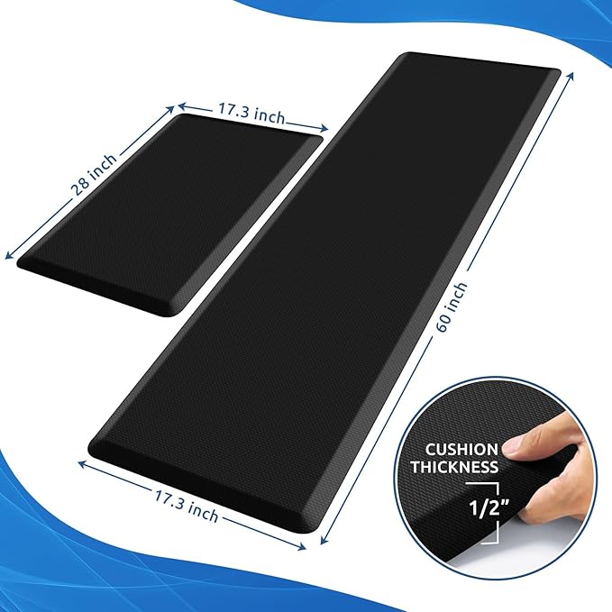 KitchenClouds 2PCS Kitchen Rugs Cushioned Anti-Fatigue Non-Slip Waterproof Kitchen Mat Comfort Foam Standing Mat for Floor Office Sink Laundry (Black)