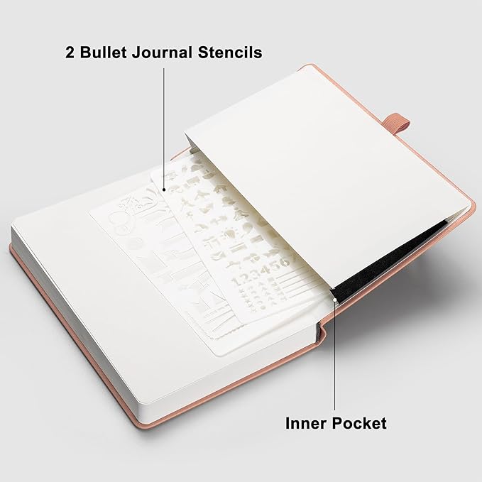 RETTACY Bullet Dotted Journal Notebook, 256 Pages, A5 Medium Size (5.7'' × 8.3''), Leather Hardcover, 120 GSM Thick Paper, for Bullet Journaling, Planning, Tracking (Pink)
