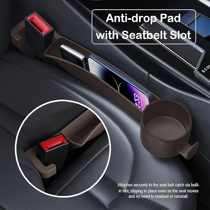 Car Seat Gap Plug with Storage Slot, Auto Gap Filler Organizer with Cup Holder, Universal Carseat Side Gap Filler Strip 2 Pack Between Front Seats & Console, Anti-Drop Pad with Seatbelt Holes, Brown