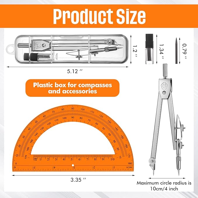 EBOOT Student Geometry Math Set, Drawing Compass and 6 Inch Swing Arm Protractor 180 Degree Math Protractor (Orange)