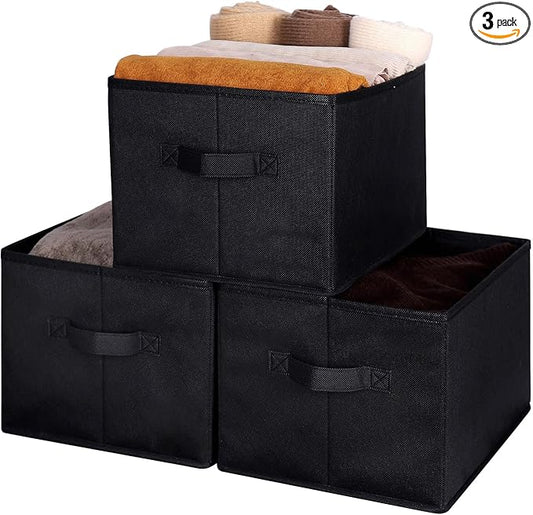 WUIKE Foldable Fabric Storage Bins with Handles, Closet Storage Baskets for Shelves and Clothes Organization, Large Black Shelf Baskets, 3-Pack, Black, Large