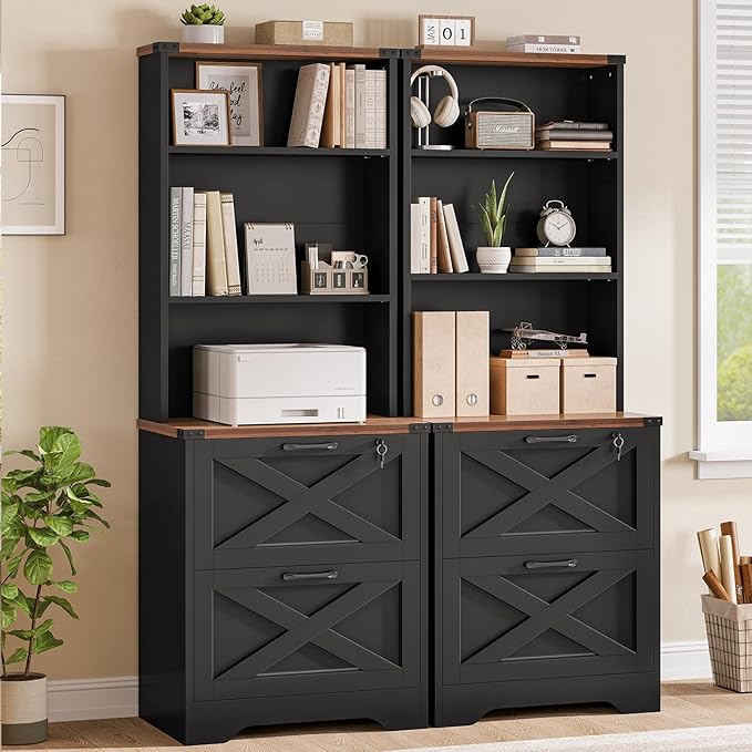 SEDETA 2 Drawer File Cabinet with Lock, Wood Filing Cabinet fits Letter, Legal, A4 Size, Hanging File Folders, Farmhouse File Cabinets for Home Office with Adjustable Storage Shelf (Black)