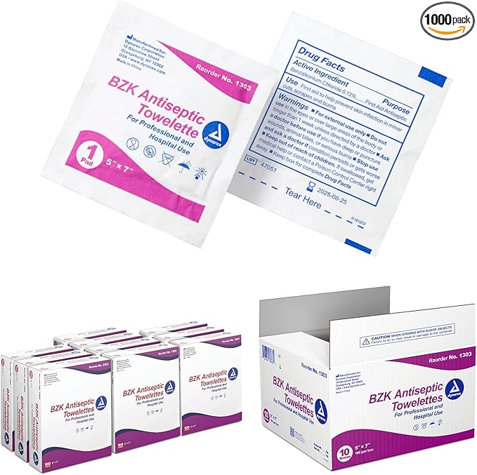Dynarex BZK Antiseptic Towelettes, 5" x 7", Disposable and Premoistened, Individually Wrapped, 1 Case | 10 Boxes of 100 Dynarex BZK Antiseptic Towelettes (Packaging May Vary)