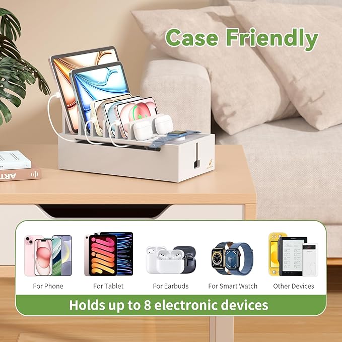 Pezin & Hulin Bamboo Charging Dock Station for Electronic Devices, Docking Organizer for Phone and Tablets, Smart Watch, Earbuds, Power Strip Box (Included 5-Port USB Charger and 5 Cables) -White