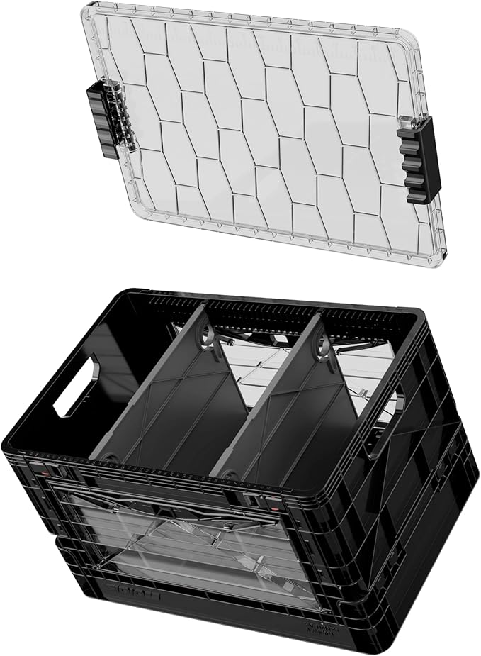 SIDIO Full-Size Collapsible Crate - Heavy Duty Stackable Storage Bin with Lid & 2 Short-Ways Dividers, Durable Plastic Organizer for Home, Office, Garage & Outdoor Use (Black)