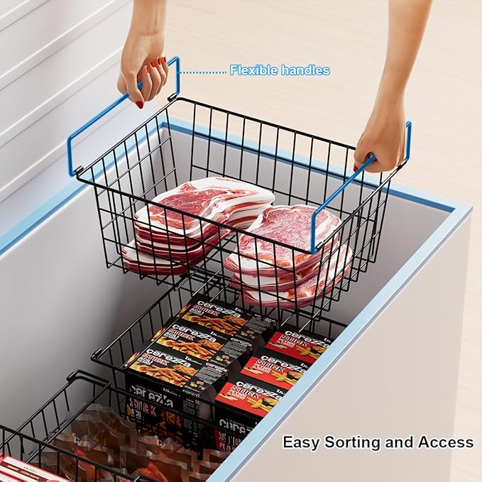 Orgneas Freezer Organizer Bins, 4 Pcs Stacking Chest Freezer Baskets for 7.0 Cu.Ft Deep Freezer Add Space Sort Store Frozen Food, Easy Reach From Bottom Freezer Storage Baskets with Large Capacity