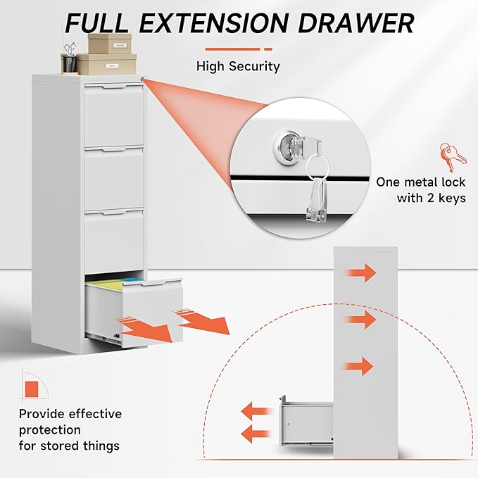 4 Drawer File Cabinet with Lock,17.8" Deep Metal Filing Cabinet,Vertical File Cabinets for Home Office,Locking File Drawer Tall for Hanging Letter/A4/Legal Folders, Easy Assemble-White