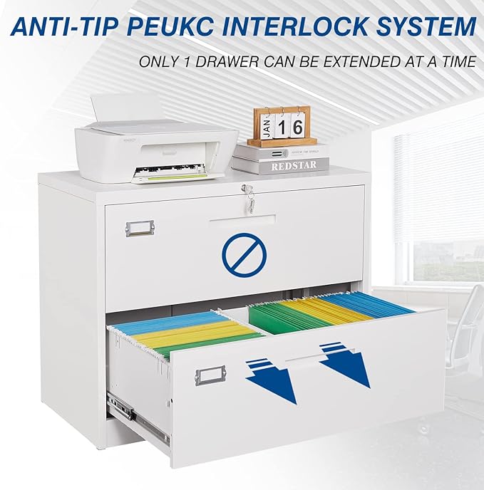 2 Drawer File Cabinet, Lateral Filing Cabinets for Home Office, Office Storage Drawers with Lock, Hanging Files Legal/Letter A4 Size (Assemble Required,White)