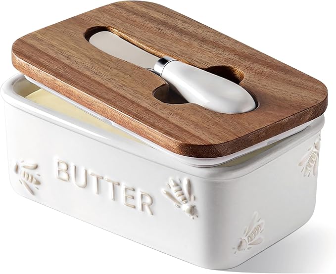 LE TAUCI Butter Dish with Lid for Countertop, Ceramic Butter Container, Embossed Butter Keeper with Acacia Wood lid, Knife, and Airtight Cover, Farmhouse Decor - Set of 1, Arctic White, Bee Pattern