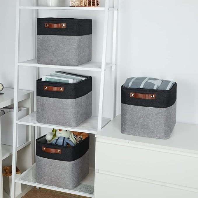 Temary Storage Baskets Fabric Storage Cubes 4 Pack Basket for Organizing, Collapsible Cloth Baskets with Handles for Shelves, Closet (Black&Gray)