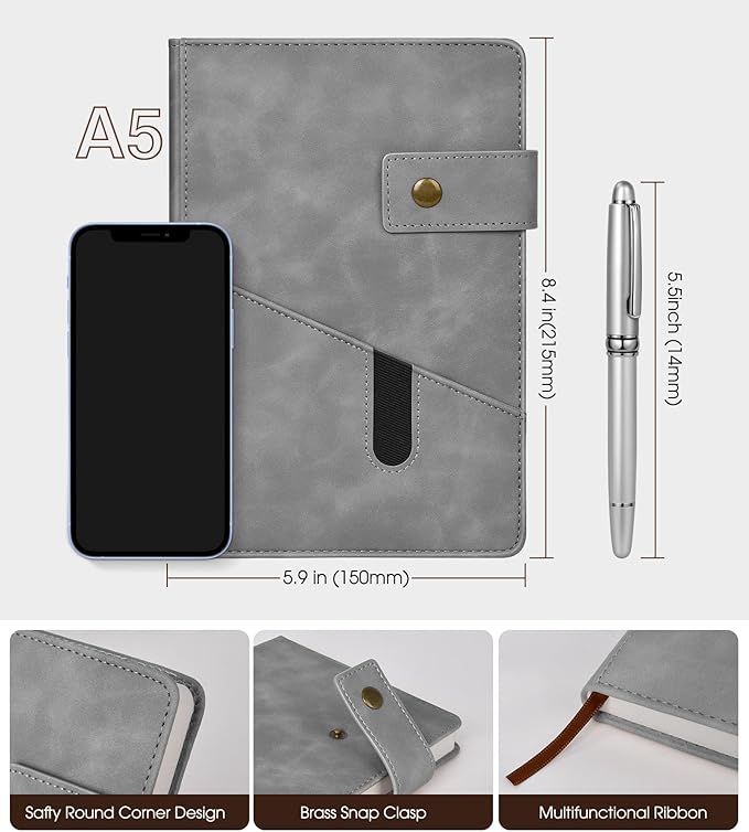 A5 Lined Leather Journal Notebook,Hardcover Journal Set with Pen and Gift Box,100Pages 100gsm Thick Ruled Paper Daily Diary for Men Women School,Travel,Business,Work,Writing 5.9" X 8.4"
