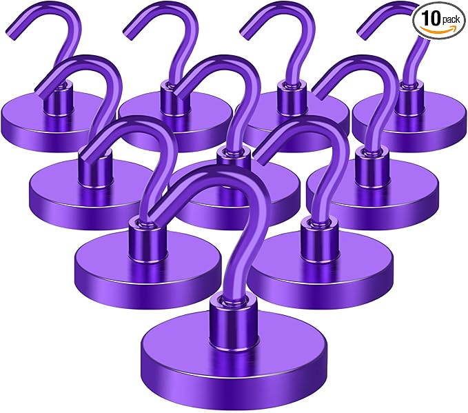 MIKEDE Strong Magnetic Hooks, 120Lbs Heavy Duty Magnetic Hooks for Cruise, Neodymium Earth Magnets with Hooks for Hanging, Super Metal Industrial Magnets for Grill, Storage (Purple,10 Pack)