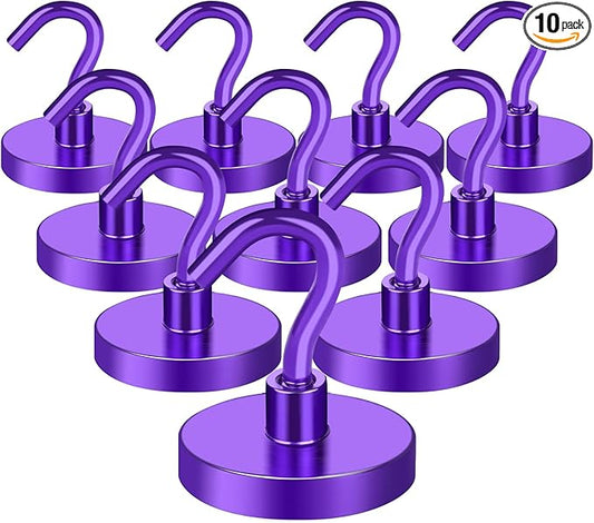 MIKEDE Strong Magnetic Hooks, 120Lbs Heavy Duty Magnetic Hooks for Cruise, Neodymium Earth Magnets with Hooks for Hanging, Super Metal Industrial Magnets for Grill, Storage (Purple,10 Pack)